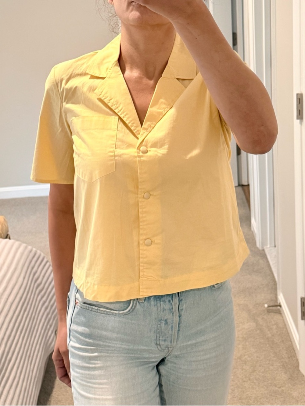 Only Yellow Short-Sleeve Button-Down Cotton Top
